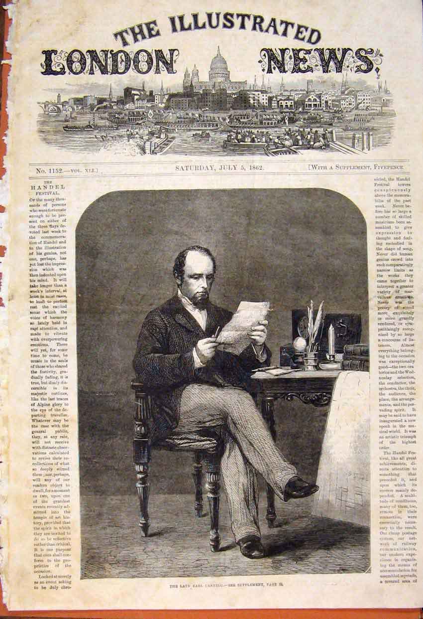 Original Old Antique Print Portrait Earl Canning 1862 19th Century