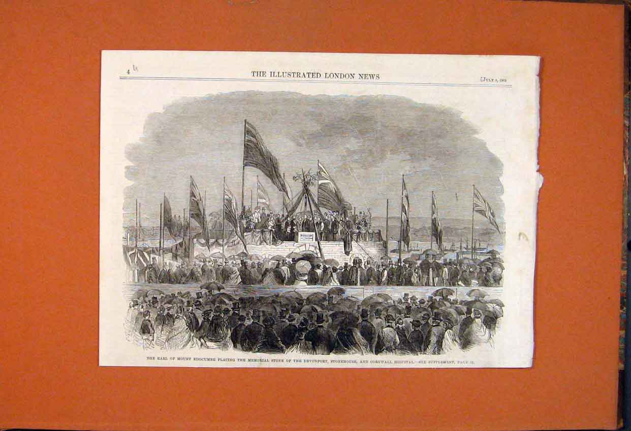Original Old Antique Print Earl Mount Edgcumbe Memorial Devonport Hospital 1862