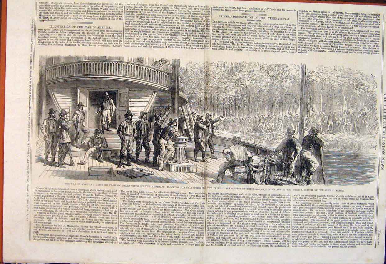 Original Old Antique Print Civil War America Mississippi Federal Transports 1862