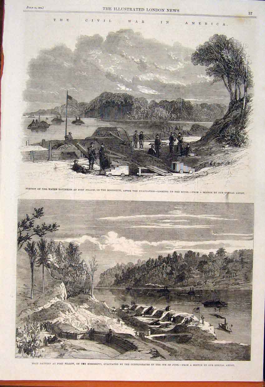 Original Old Antique Print Civil War America Fort Pillow Mississipi Battery 1862