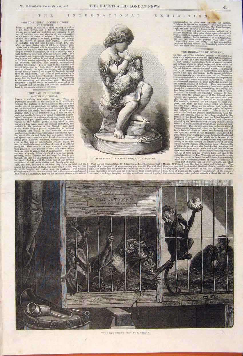 Original Old Antique Print Marble Durham Bad Neighbours Verlat Monkeys 1862 19th
