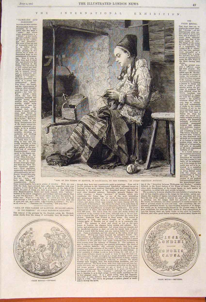Original Old Antique Print Hockert Girl Rattvik Dalecarlia Medal Prize 1862 19th