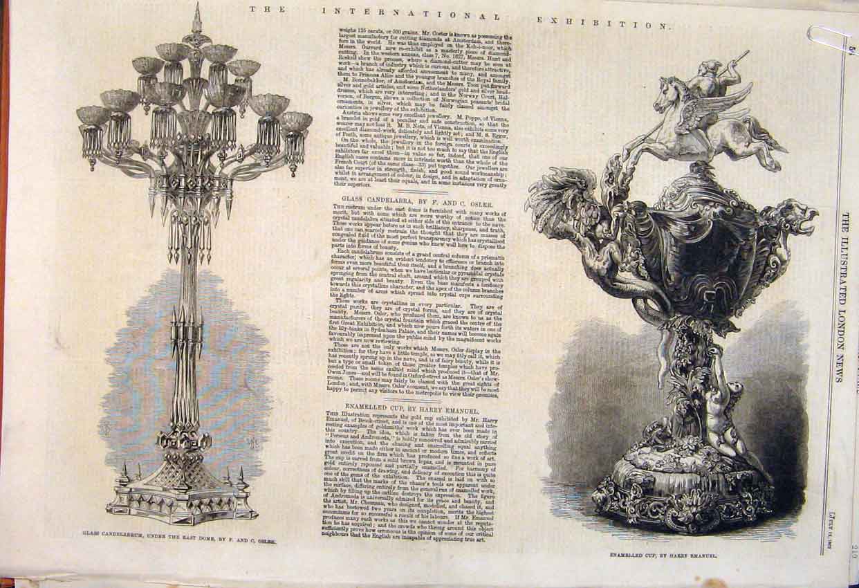 Old Antique Print Galss Candelabra Oslee Cup Emanuel Berlin Foundry 1862 19th