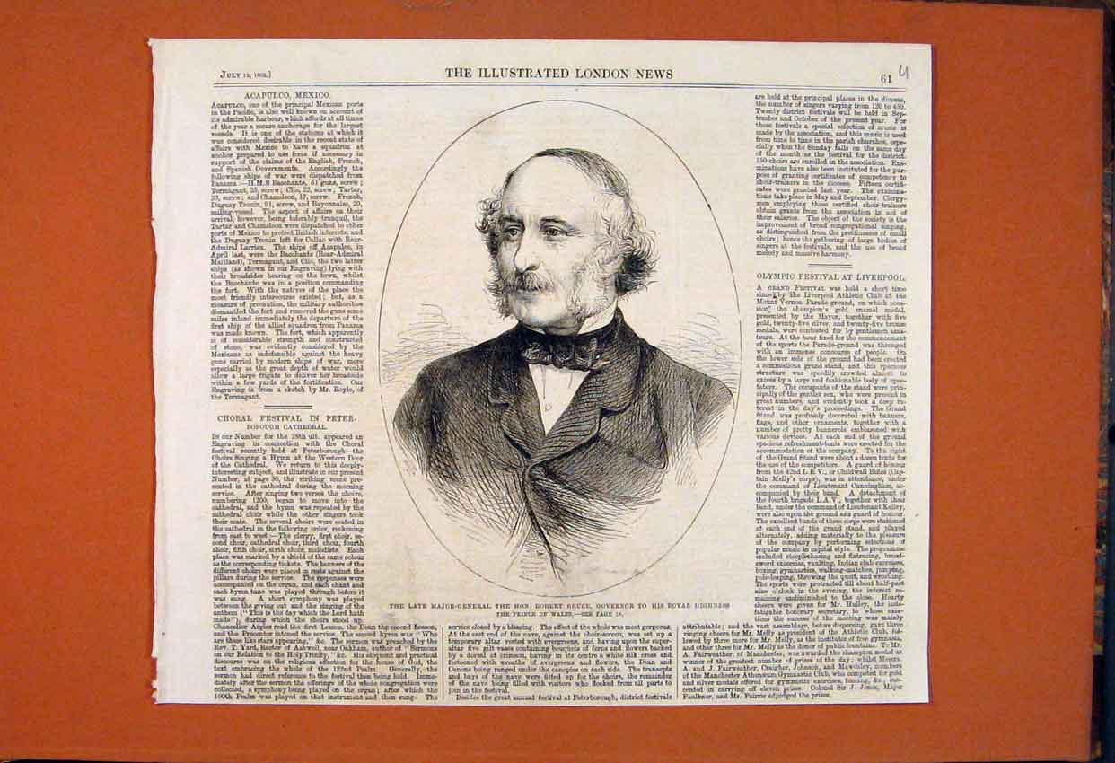 Original Old Antique Print Portrait Major-General Robert Bruce Governor 1862