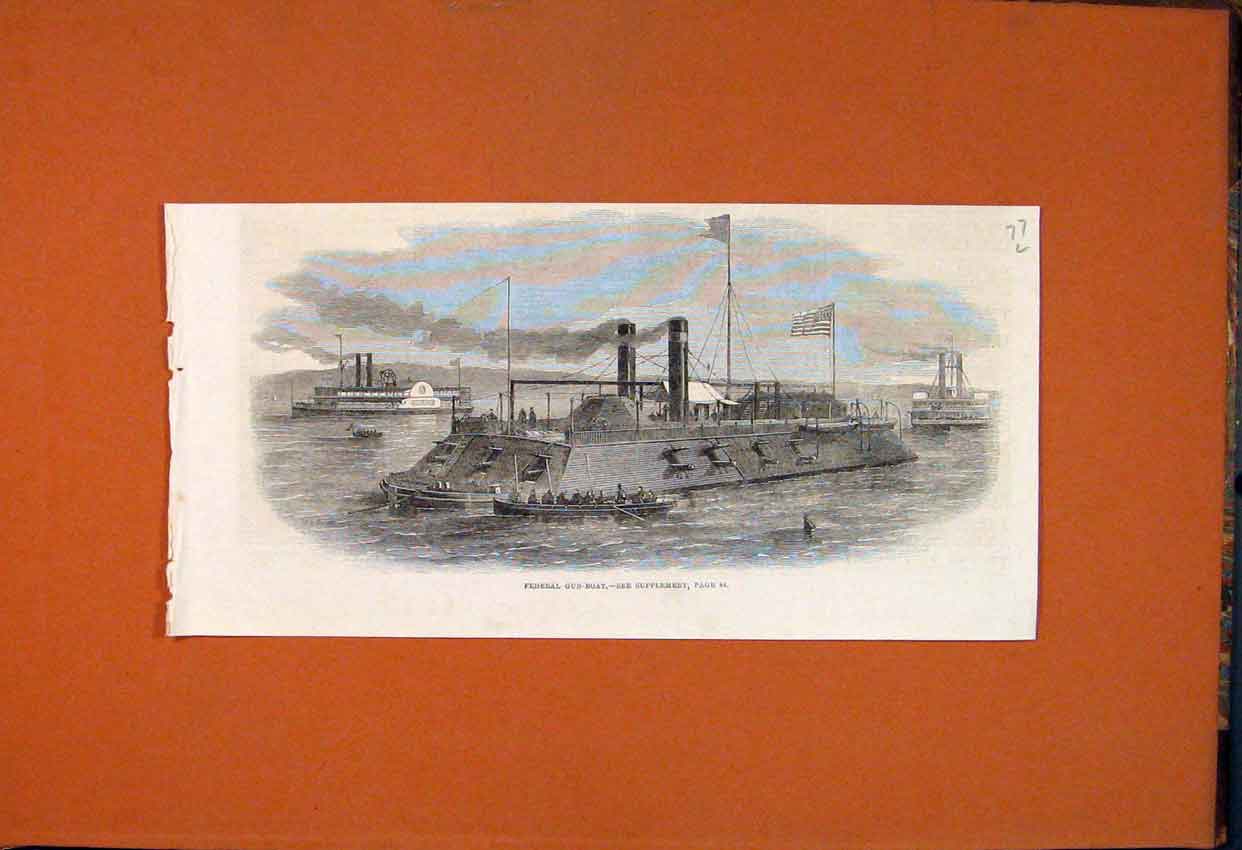 Original Old Antique Print Federal Gun-Boat Ship 1862 19th Century