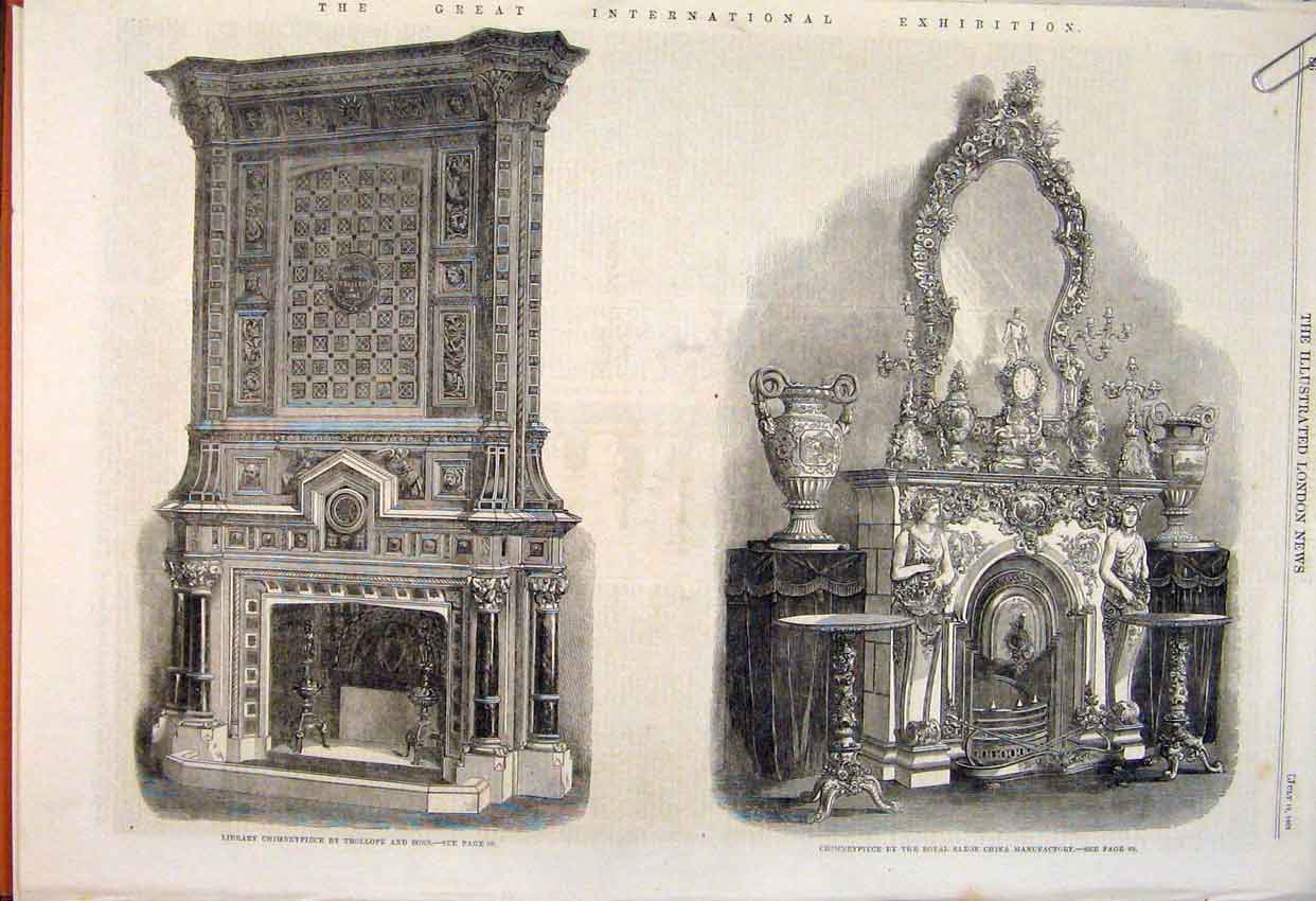 Old Antique Print Chimneypiece Trollope Saxon China Stove Sheffield 1862 19th