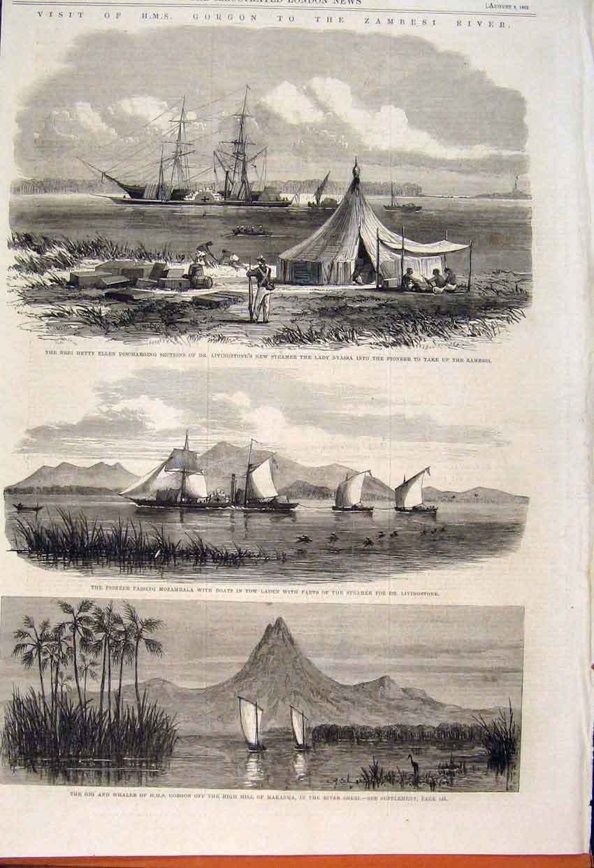 Original Old Antique Print Hms Gogon Zambesi River Africa Livingstone Sheri 1862