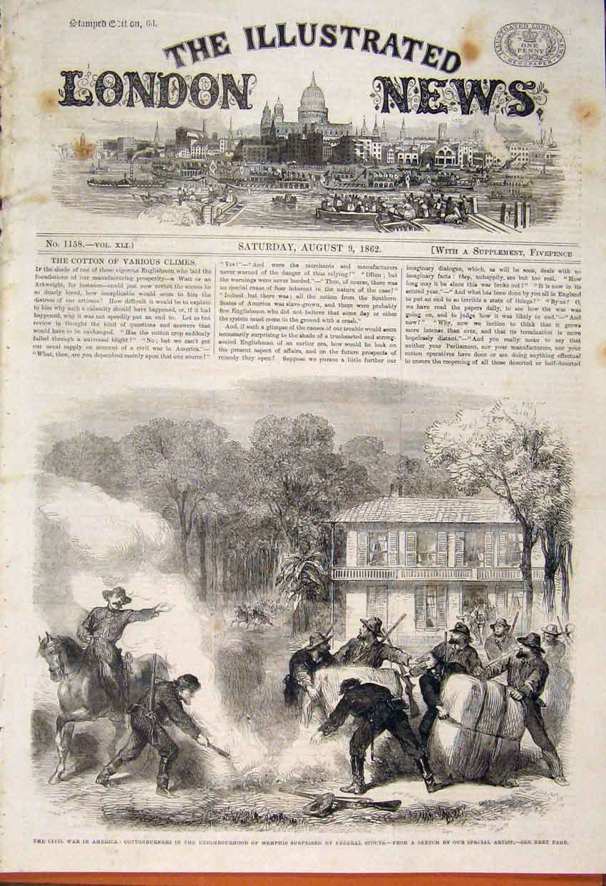 Old Antique Print Civil War America Memphis Cotton Burners Federal Scouts