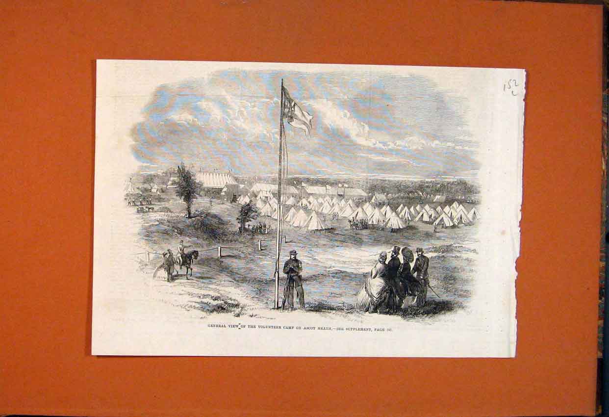 Original Old Antique Print View Volunteer Camp Ascot Heath 1862 19th