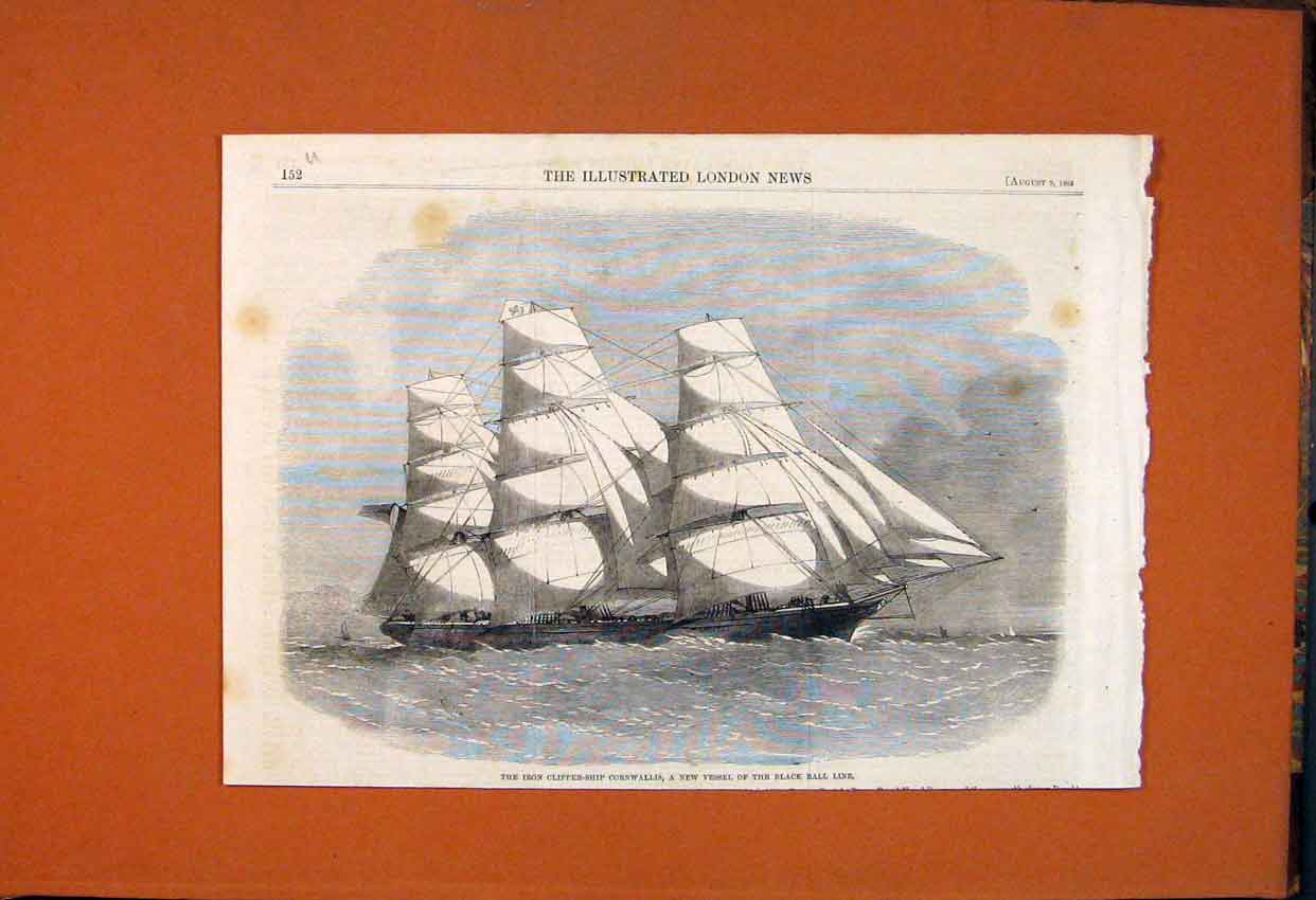 Original Old Antique Print Iron Clipper Ship Cornwallis Vessel Black Ball 1862