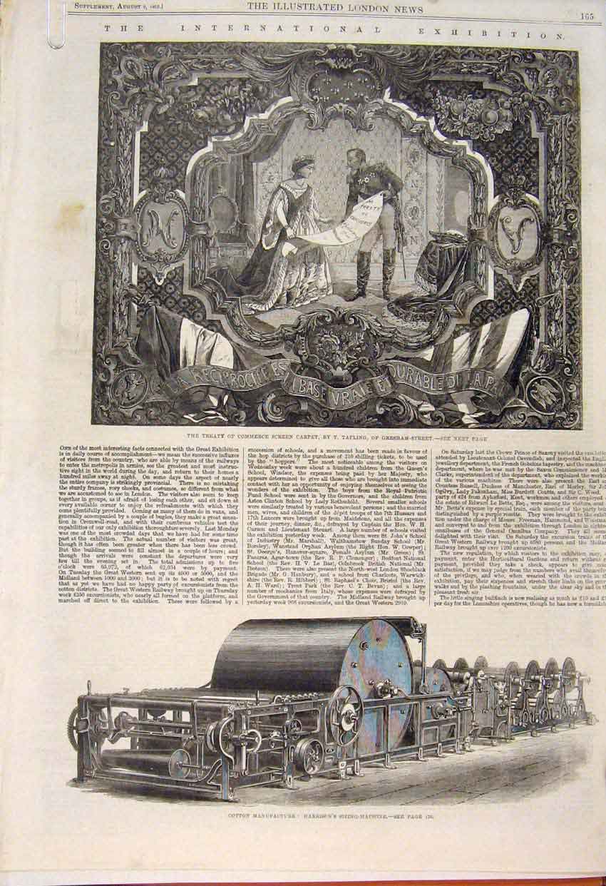 Old Antique Print Carpet Tapling Cotton Manufacture Floral Templeton 1862 19th