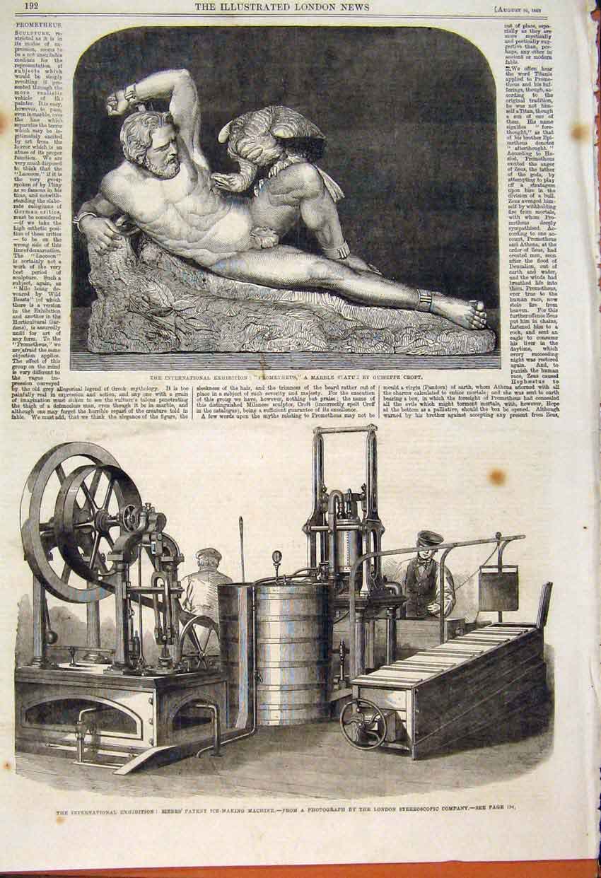 Old Antique Print Prometheus Marble Statue Croft Siebes Ice Machine 1862 19th