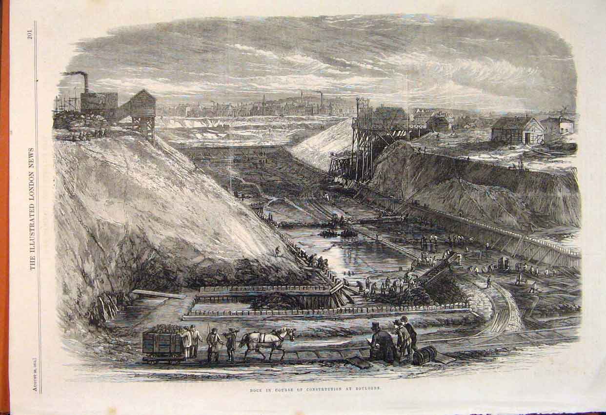 Original Old Antique Print Dock Construction Boulogne Building 1862 Victorian