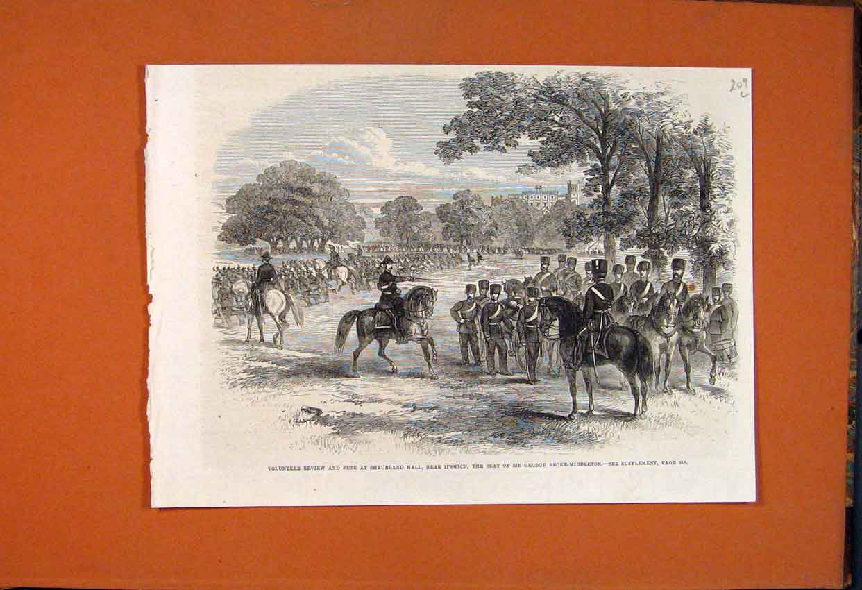 Old Antique Print Volunteer Review Fete Shrubland Ipswich Middleton 1862 19th