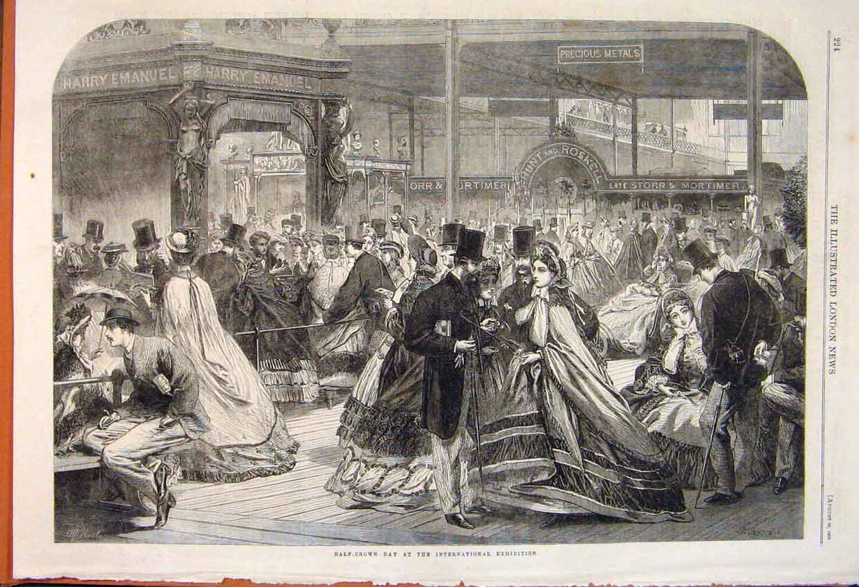 Original Old Antique Print Half-Crown Day International Exhibition 1862 19th