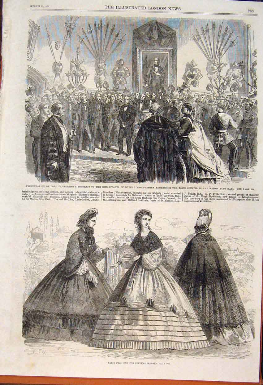 Original Old Antique Print Palmerston Portrait Dover Council Paris Fashions 1862