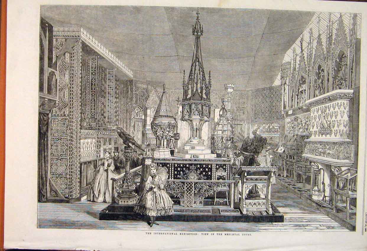 Original Old Antique Print Mediaeval Court International Exhibition 1862 19th