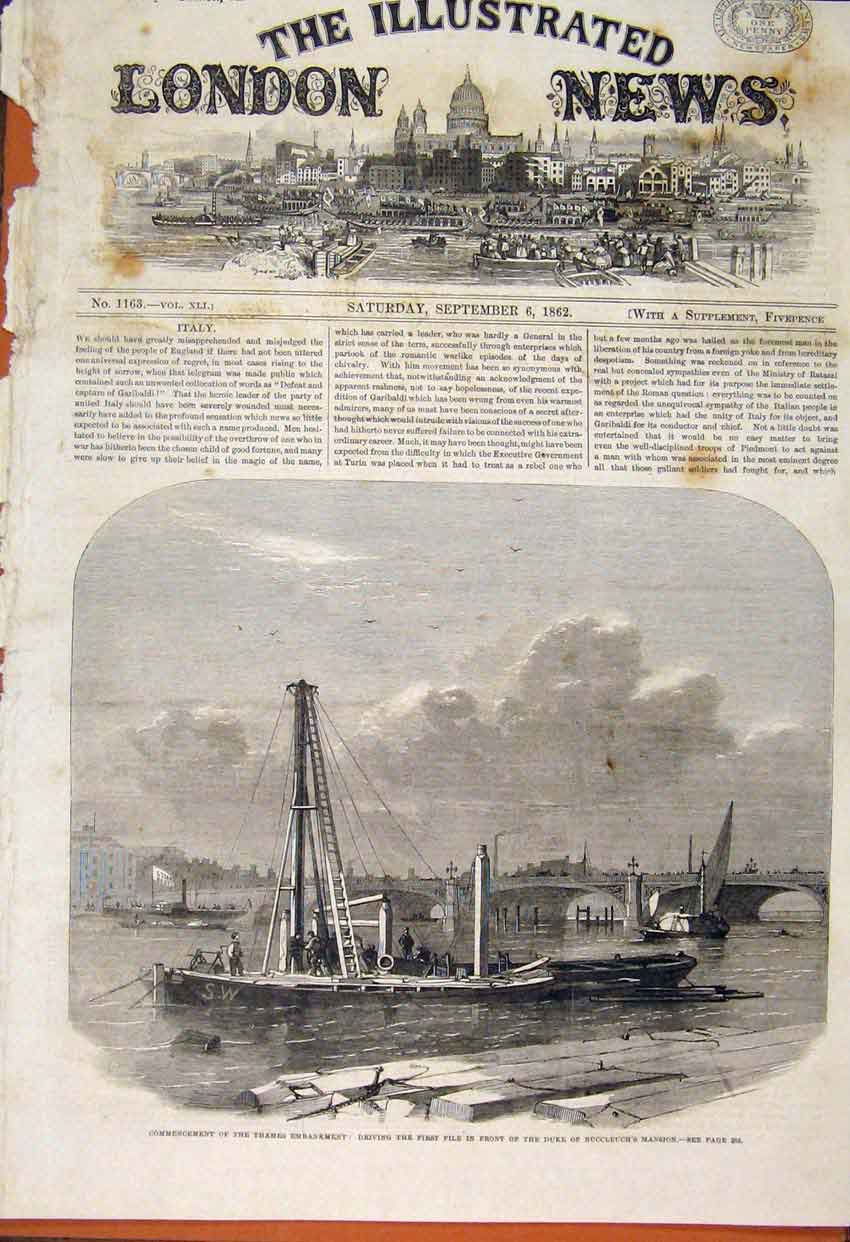 Original Old Antique Print Thames Embankment Duke Buccleuch Mansion 1862 19th