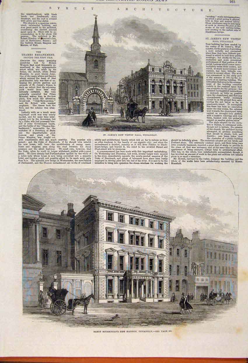 Original Old Antique Print Vestry Hall Piccadilly Rothschild Mansion London 1862