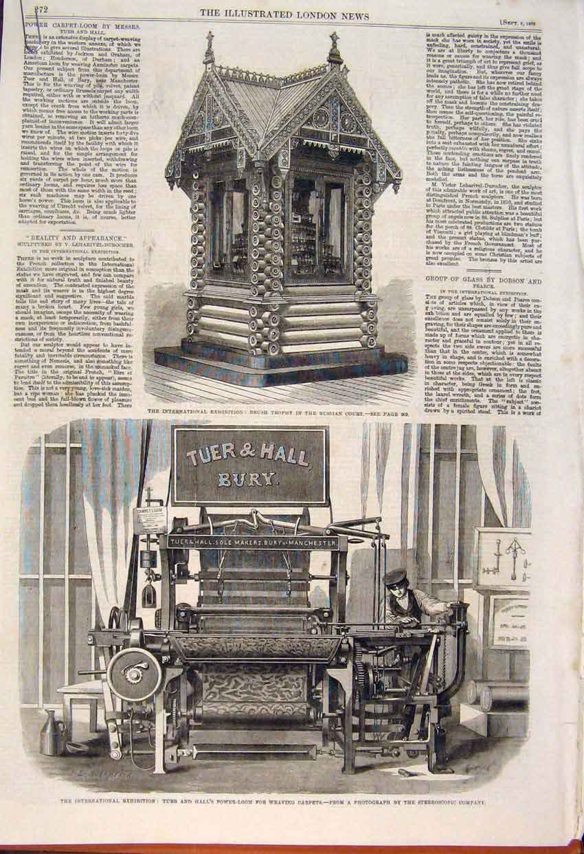 Old Antique Print Brush Trohphy Tuer Hall Loom Carpet Waeving Smith 1862 19th