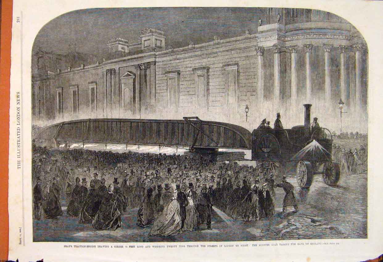 Original Old Antique Print Bray Tractino Engine Girder Bank England London 1862