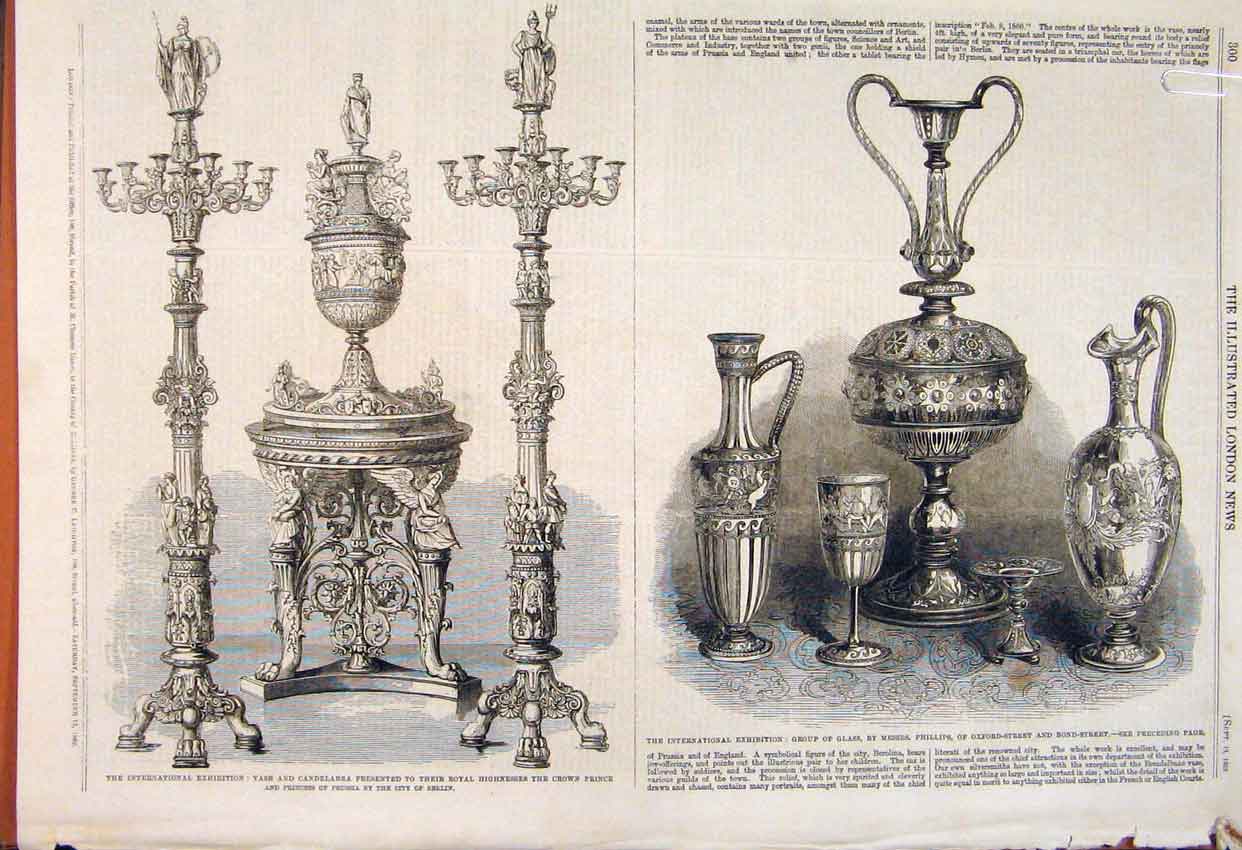 Antique Old Antique Print International Exhibition Vase Glass Phillips Statue 00AMAA1