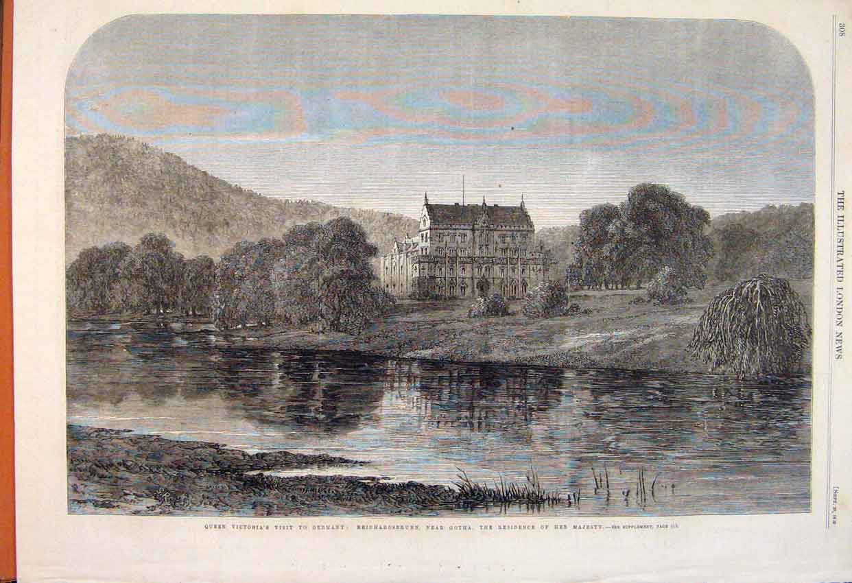 Original Old Antique Print Queen Victoria Germany Gotha Reinhardsbrunn 1862 19th