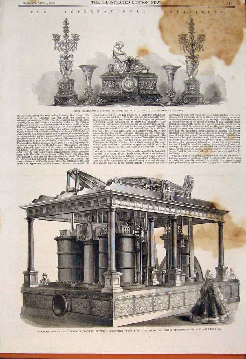 Old Antique Print Clock Candelabra Poilleux Blast-Engines Lilleshall 1862 19th