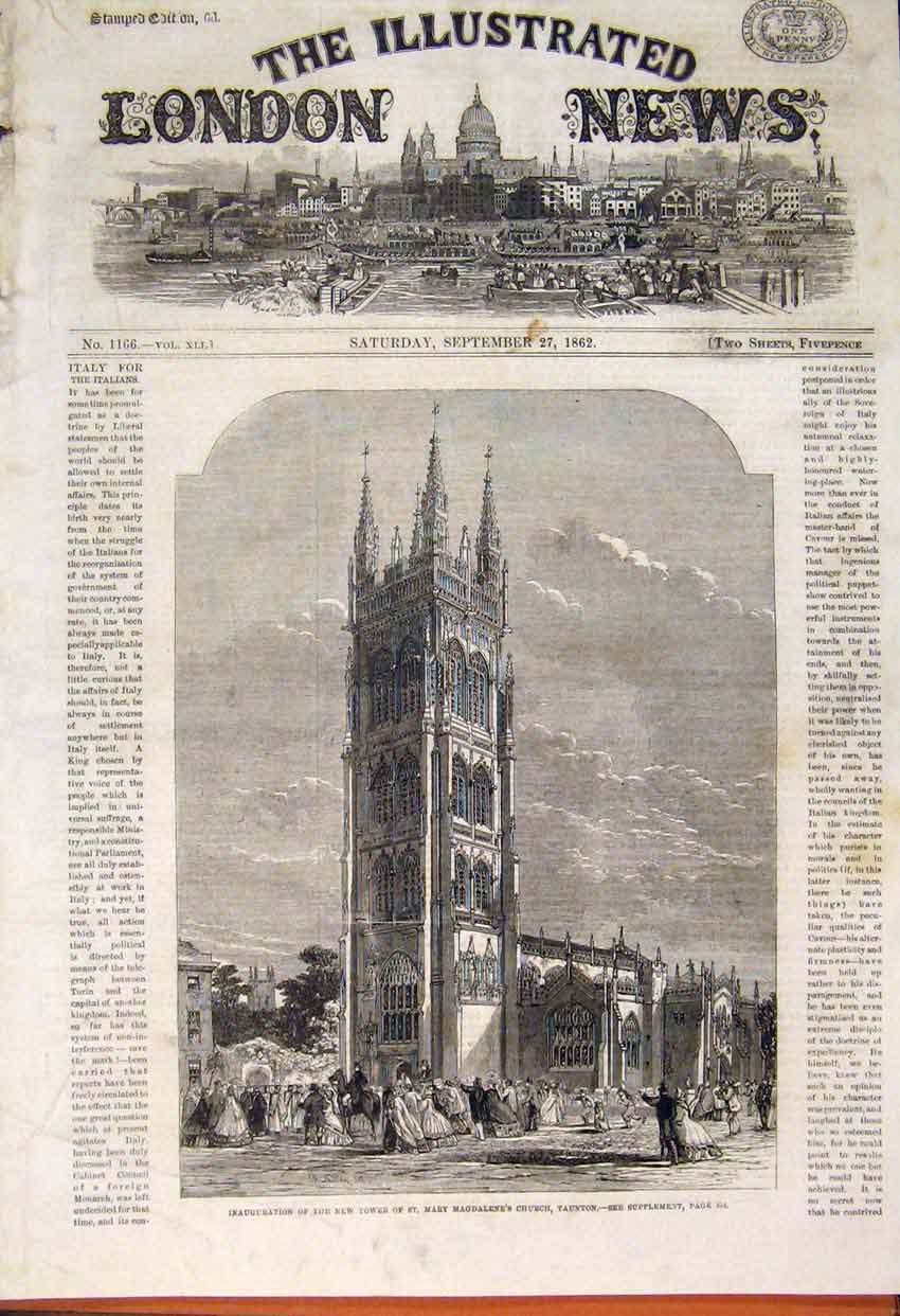 Original Old Antique Print Tower St Mary Magdalene Church Taunton 1862 Victorian