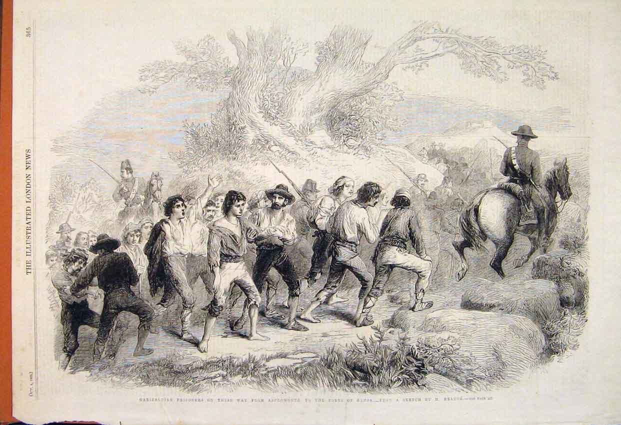 Original Old Antique Print Garibaldian Prisoners Aspromonte Fort Genoa Beauce
