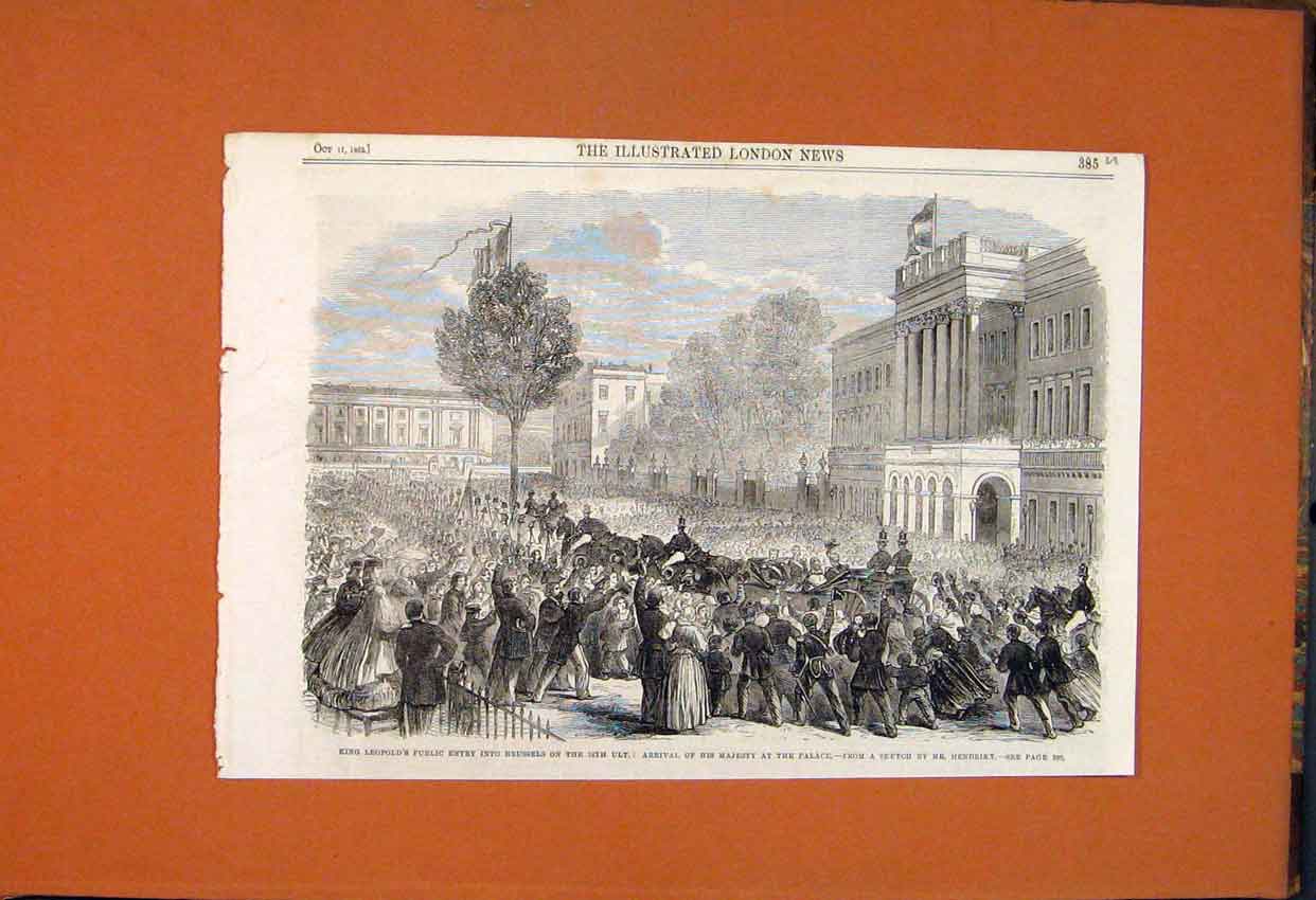 Original Old Antique Print King LeopBrussels Palace Germany Hendrikx 1862 19th