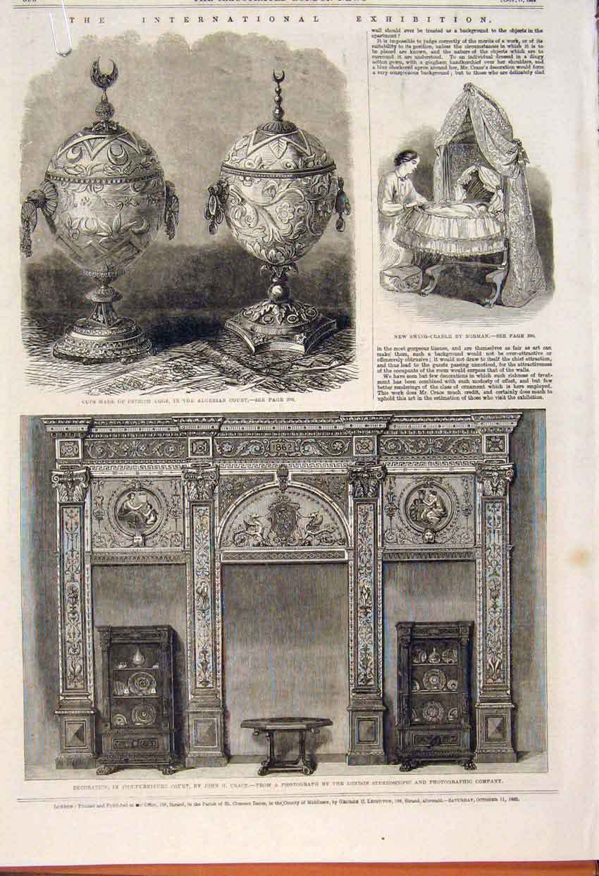 Old Antique Print Ostrich Eggs Furniture Cradle Wedgwood Majolica Kershaw
