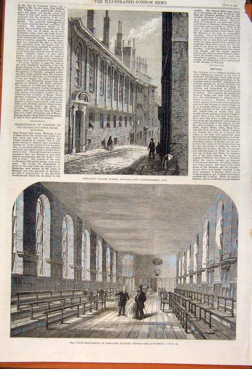Original Old Antique Print Merchant Taylors School Cannon Street London 1862