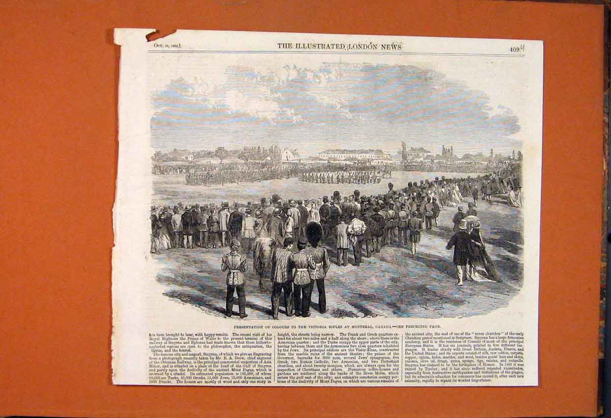 Old Antique Print Victoria Rifles Montreal Canada Colours 1862 Ceremony 19th