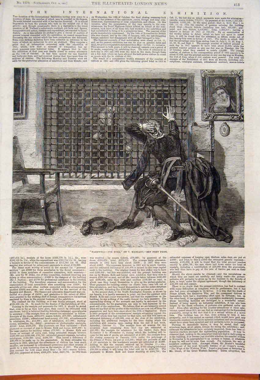 Original Old Antique Print Manzano Farewell Fine Art 1862 19th Century