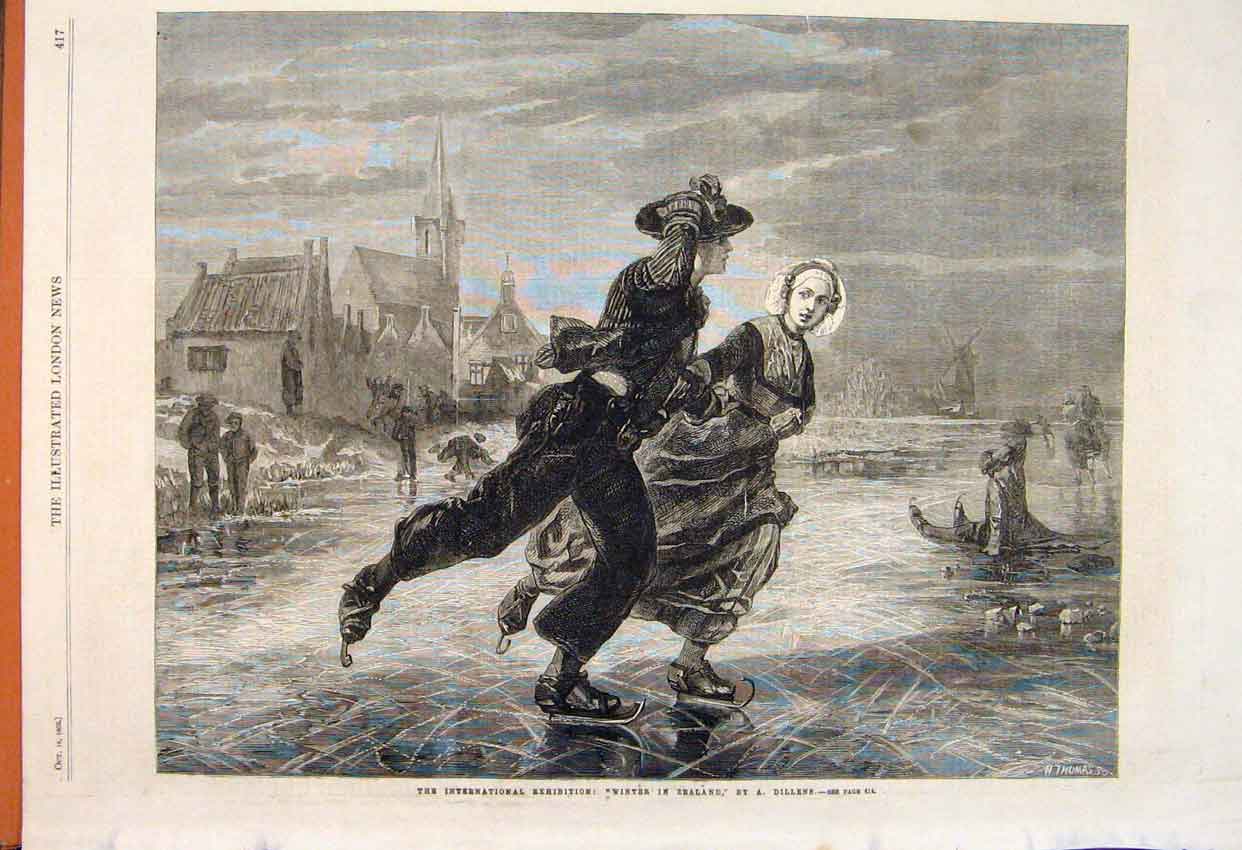 Original Old Antique Print Winter Zealand Dillens International Exhibition 1862
