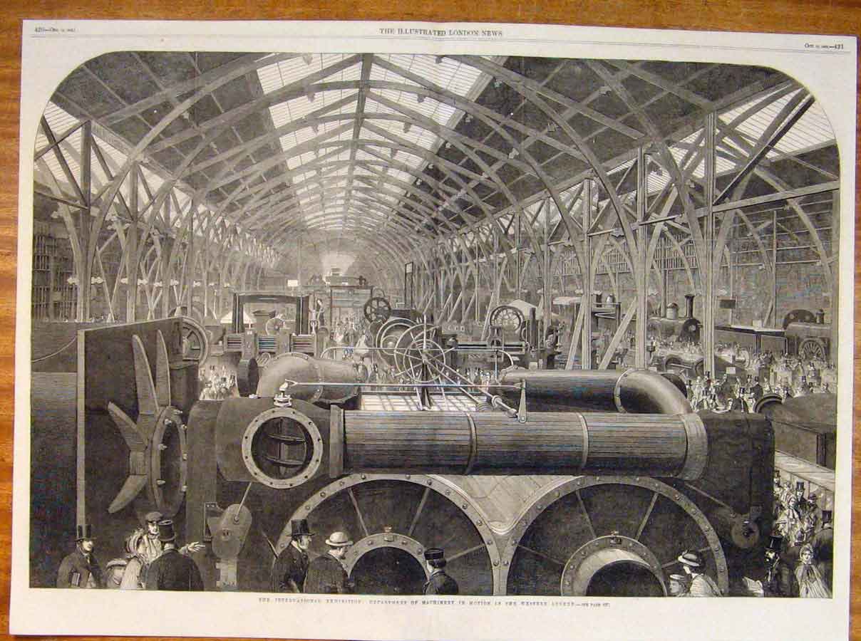 Original Old Antique Print International Exhibition Machinery Motion 1862 19th
