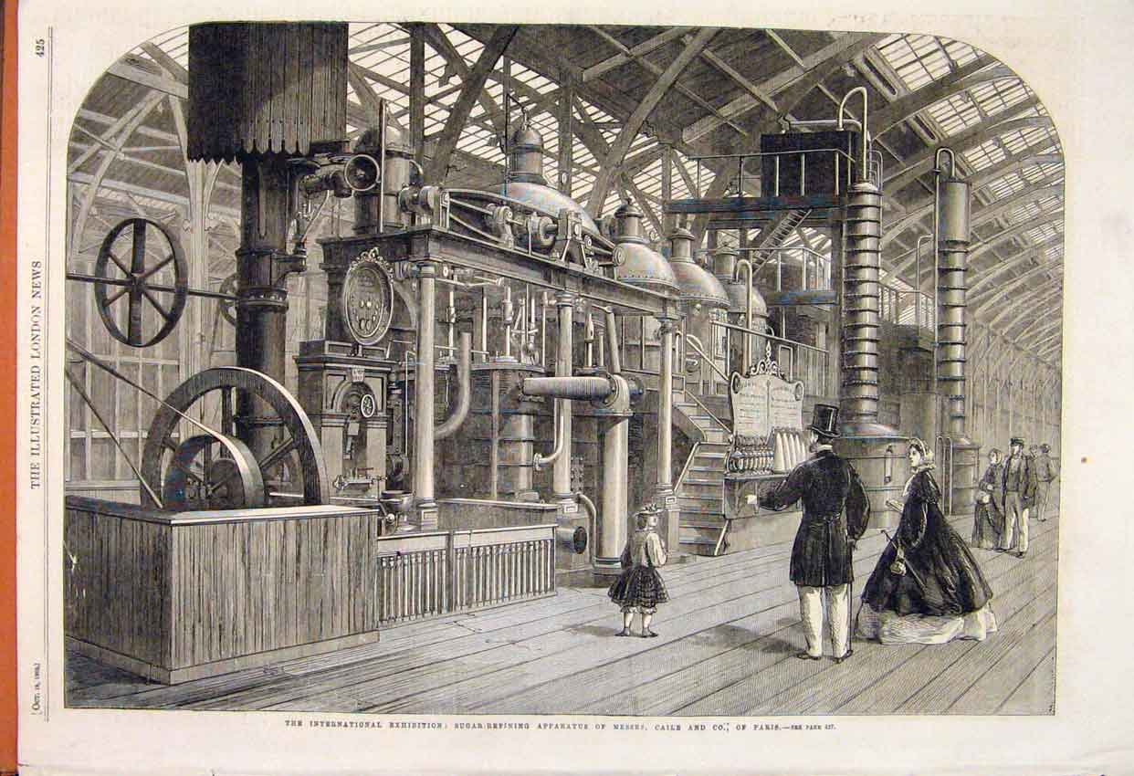 Original Old Antique Print Sugar Refining Apparatus Caile Paris Exhibition 1862