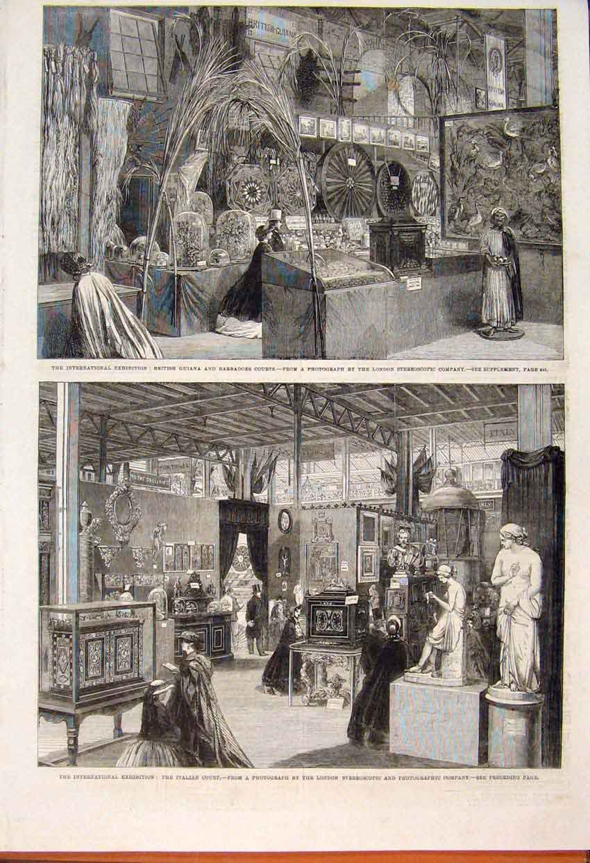 Original Old Antique Print Guiana Barbadoes Italian Court Exhibition 1862 19th