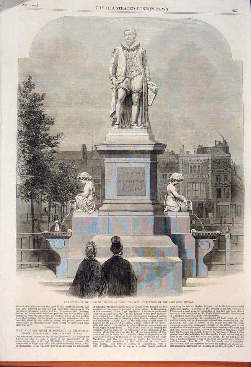 Old Antique Print Statue Myddelton Islington Green Sculpture Thomas 1862 19th