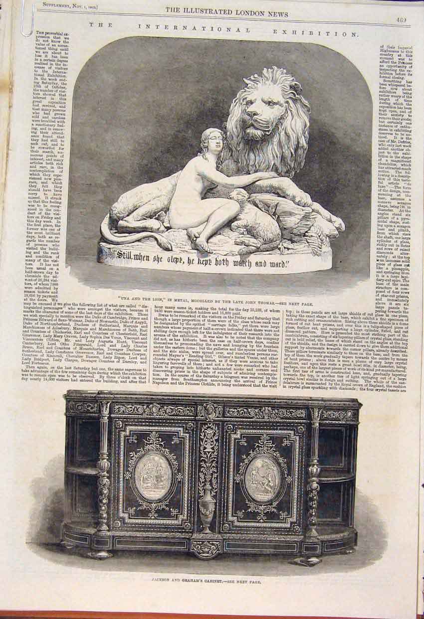 Original Old Antique Print Lion Metal Statue Cabinet Jackson Marble Bust Steell