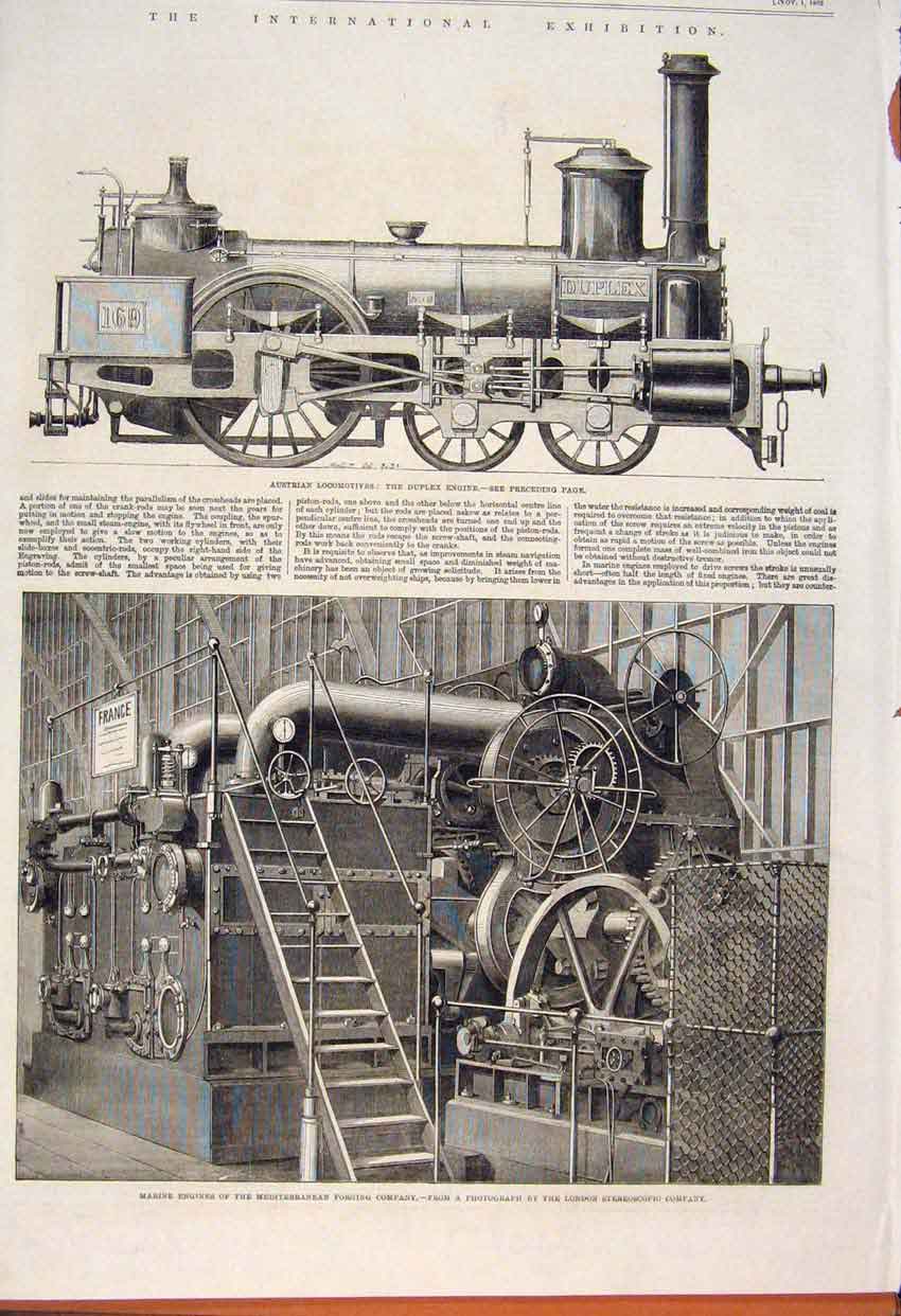 Original Old Antique Print Duplex Engine Marine International Exhibition 1862