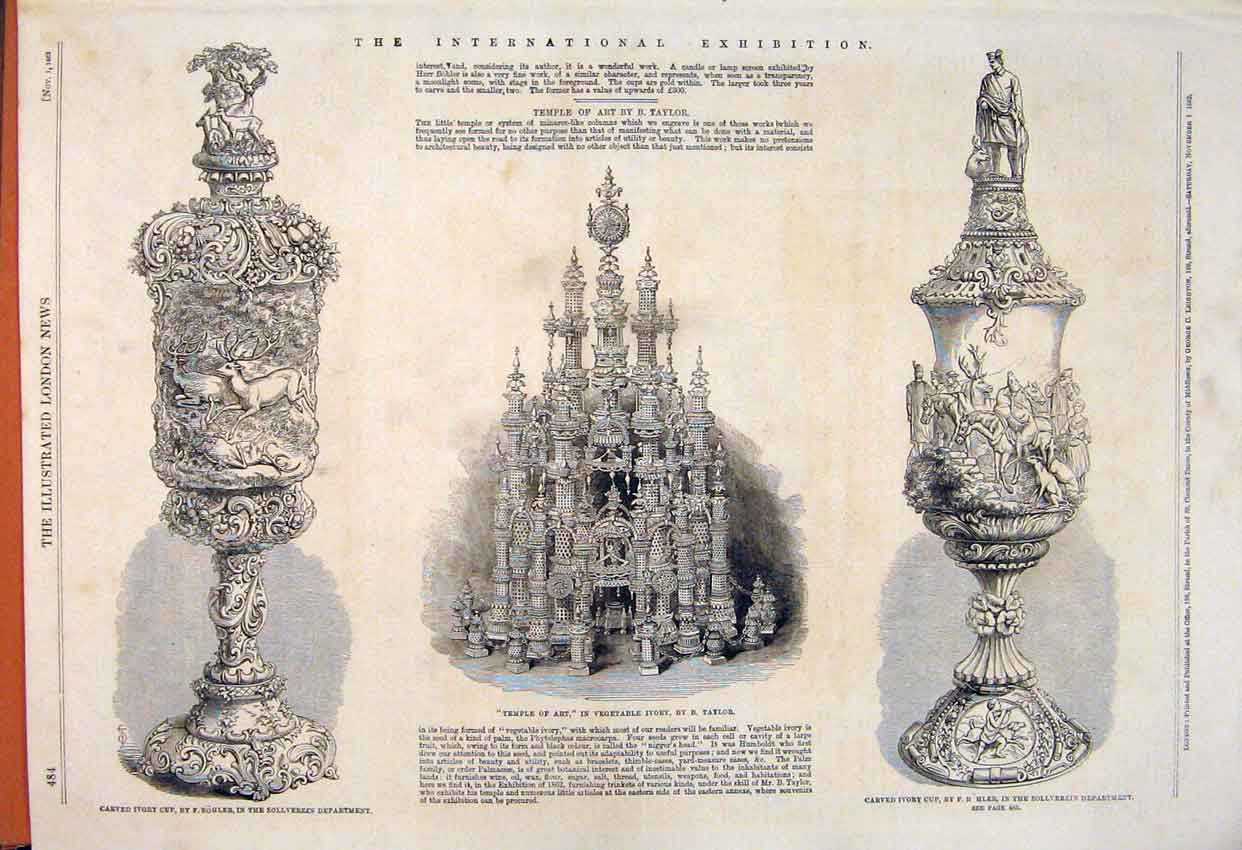Original Old Antique Print Temple Art International Exhibition 1862 Victorian
