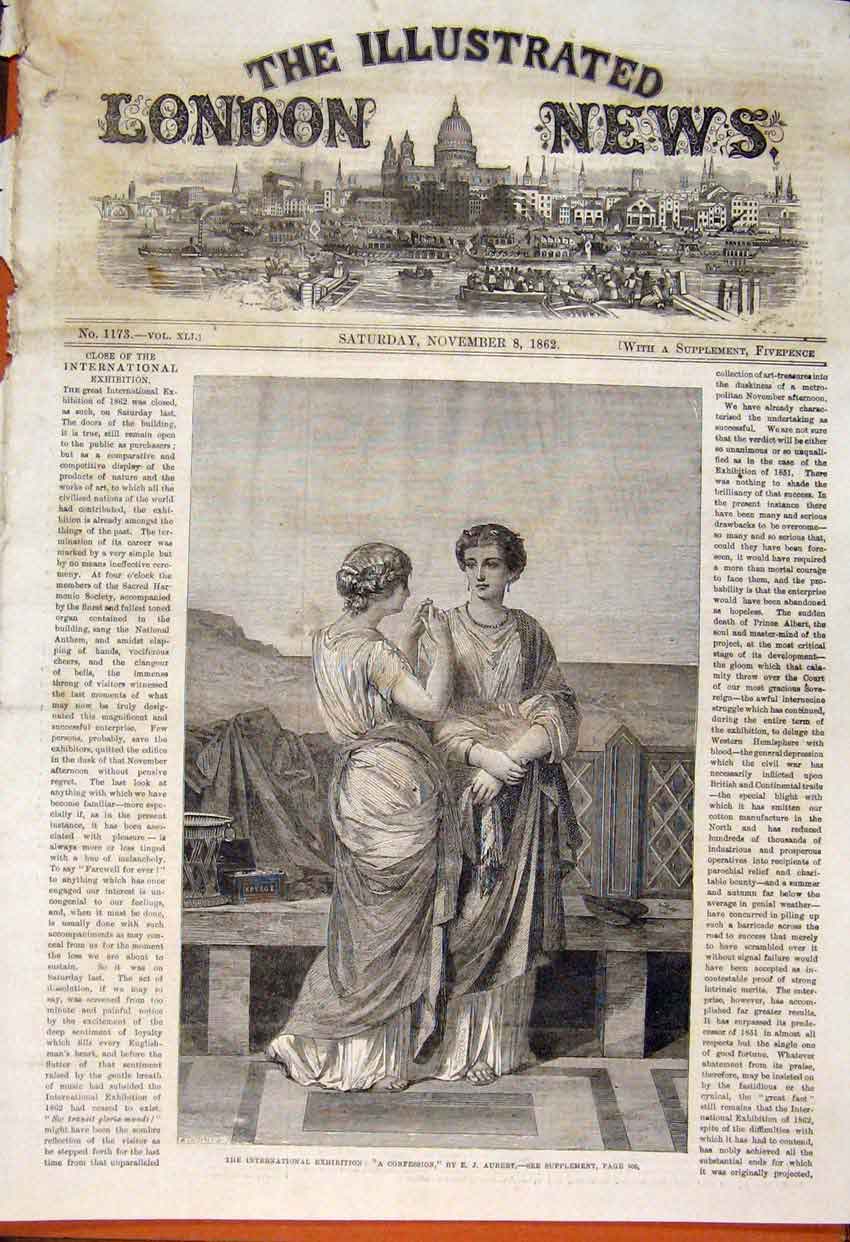 Original Old Antique Print Confession Aubert International Exhibition 1862 19th