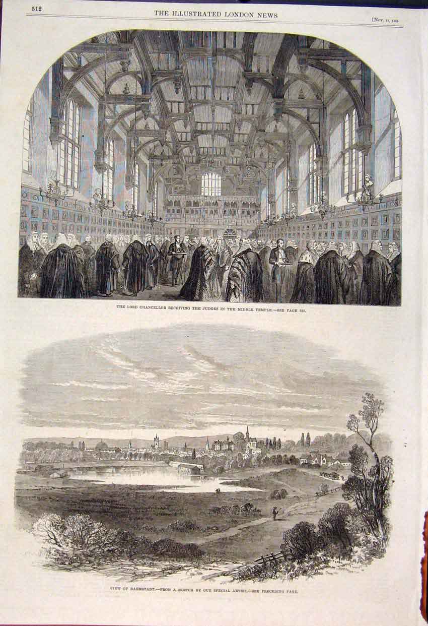 Original Old Antique Print Lord Chancellor Judges Temple Darmstadt Sketch 1862