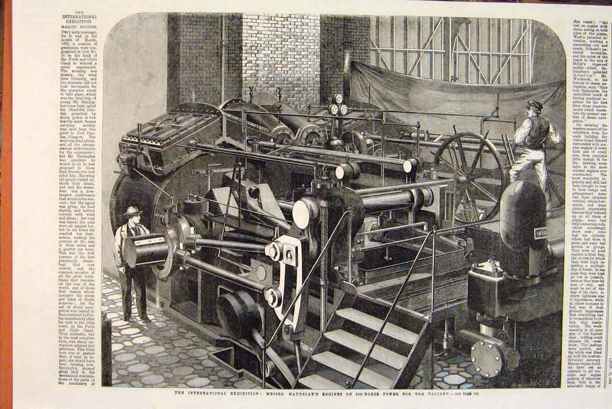 Original Old Antique Print Maudslay Engine Valiant International Exhibition 1862
