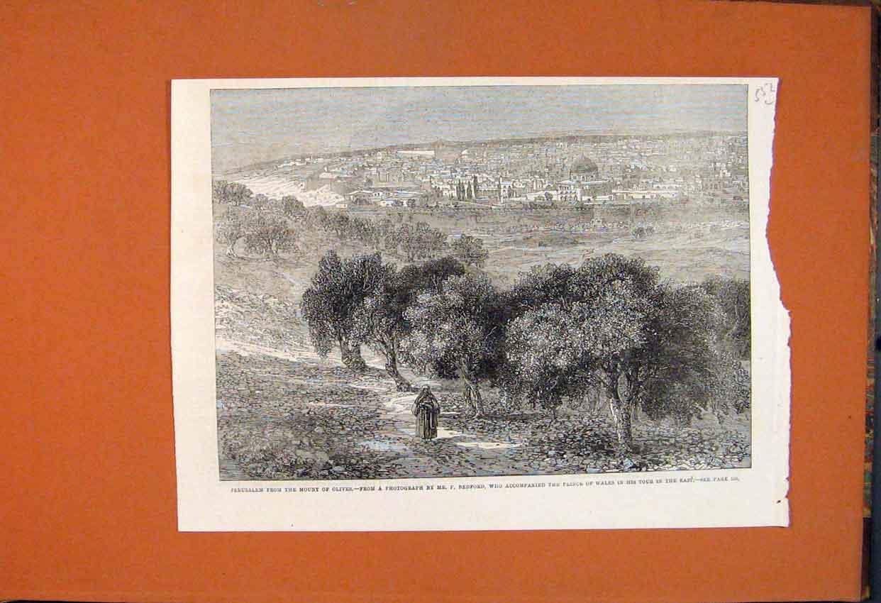 Original Old Antique Print Jerusalem Mount Olives Bedford Photograph 1862 19th