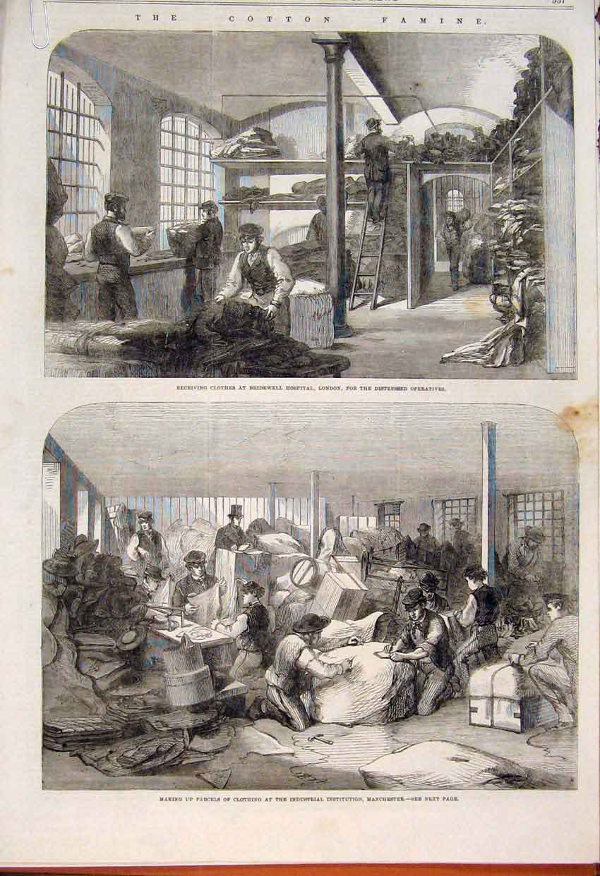 Original Old Antique Print Cotton Famine Manchester Provident Society 1862 19th