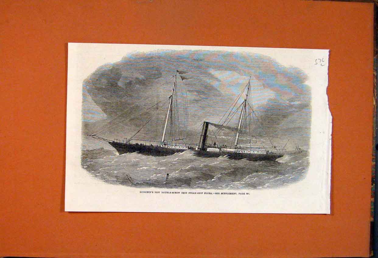 Original Old Antique Print Dudgeon Double-Screw Iron Steam Ship Flora 1862 19th