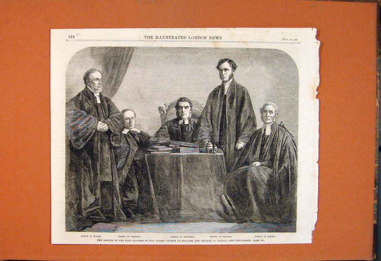 Original Old Antique Print Bishops Diocese United Church England Ireland Canada